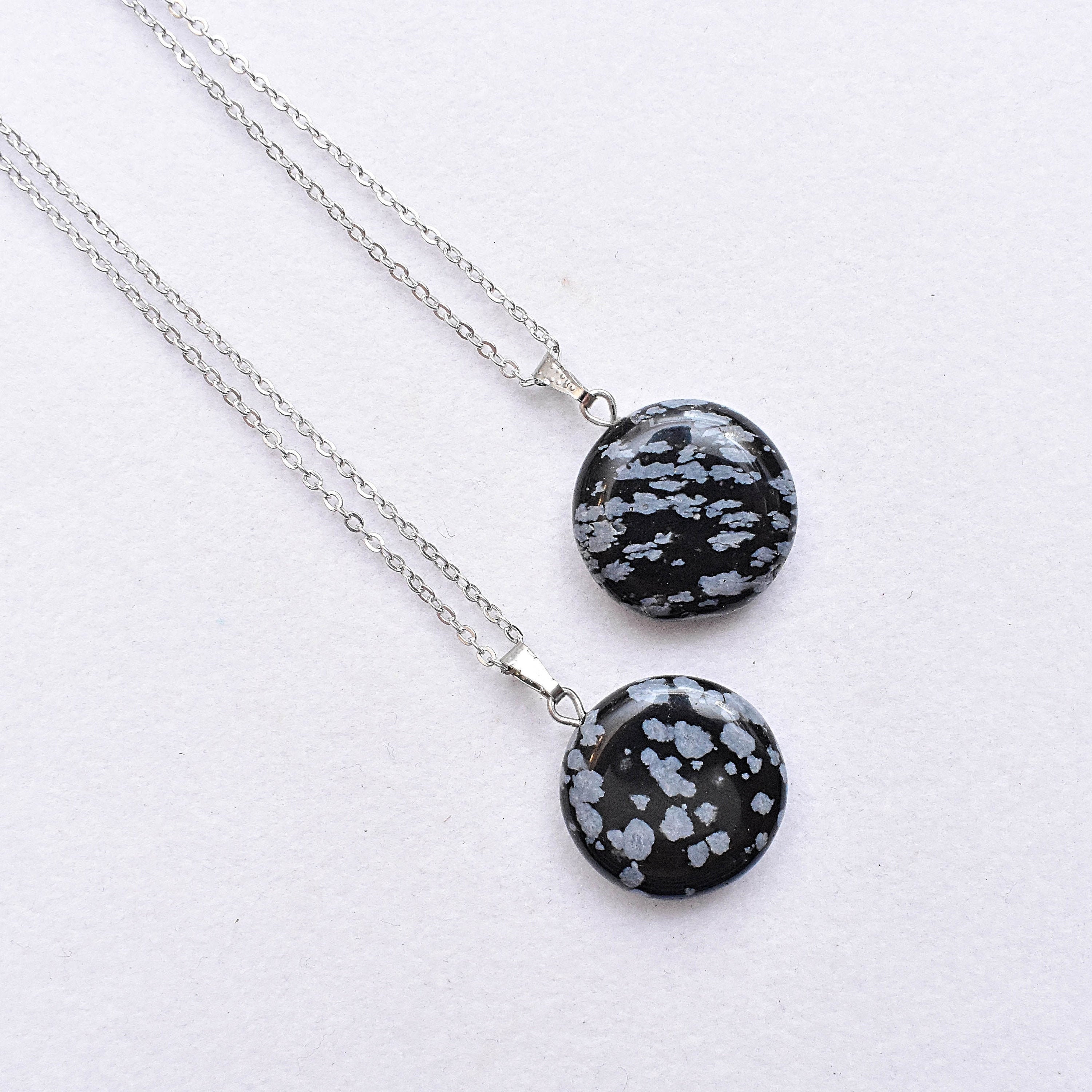 Round Snowflake Obsidian 20mm Necklace, Silver Gemstone