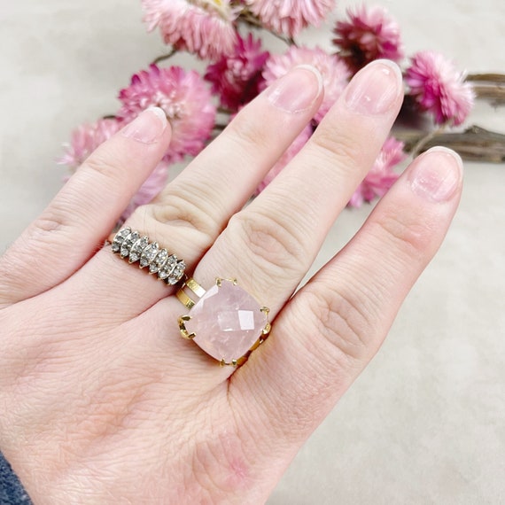 Gold Faceted Rose Quartz Square Gemstone Adjustable Ring (EPJ-RTD19-3)