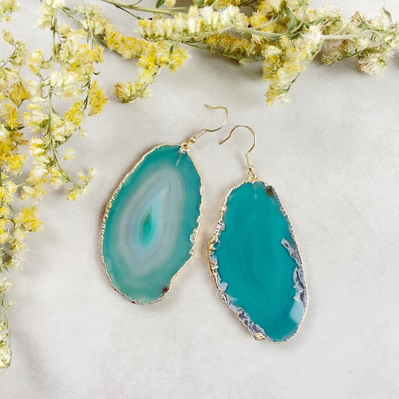 Gold Green Agate Slice Dangle Earrings (EPJ-EL20AAA10-2)