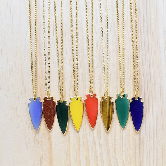 Colorful Gemstone Arrowhead Necklace, Gold Gemstone Arrow Stone Necklace, Statement Layering Necklace (EPJ-NP19AAA14)