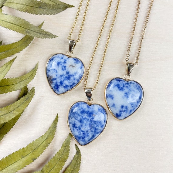 Large Sodalite Heart Necklace, Gold Gemstone Necklace, Layering Statement Necklace (EPJ-N24A58)