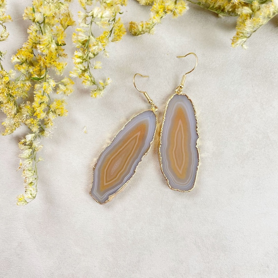 Gold Brown Agate Slice Dangle Earrings (EPJ-EL20AAA10-13)