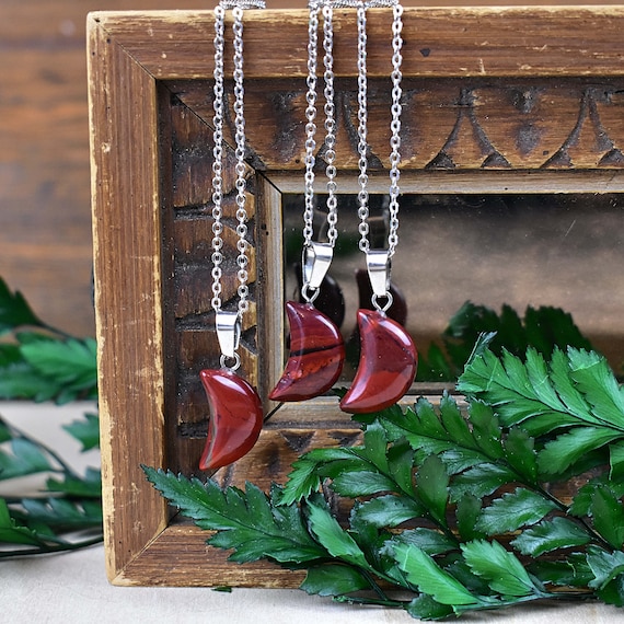 Red Jasper 19x12mm Crescent Moon Necklace, Silver Gemstone Necklace, Layering Statement Necklace (EPJ-NW20AFA16)