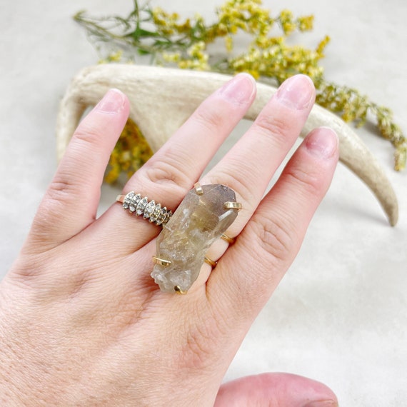 Gold Lemurian Smoky Quartz Statement Wire Ring (EPJ-RSD12-6)