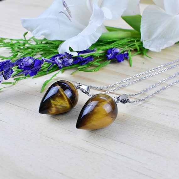 Tiger Eye Upside Down Drop Necklace, Silver Gemstone Statement Layering Necklace, Pendant Delicate Necklace (EPJ-NG20AAC13)