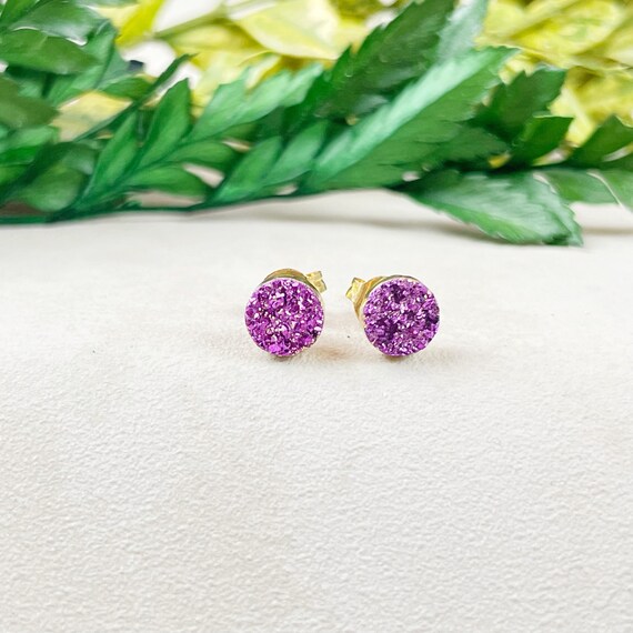 Purple Titanium Round Druzy Stud Earrings (EPJ-E3BAB12-PR)