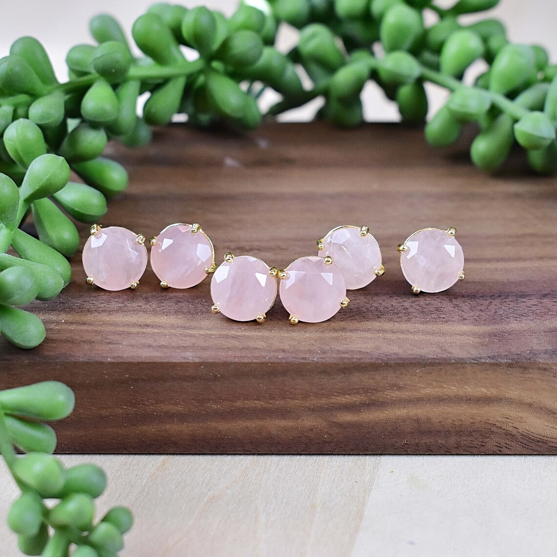 Rose Quartz Round Stud Earrings Gold Gemstone Cabochon Etsy