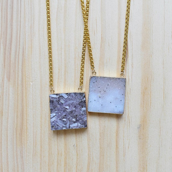 Large Square Druzy Necklace, Gold Gemstone Layering Pendant Necklace (EPJ-N19SAI11-L)