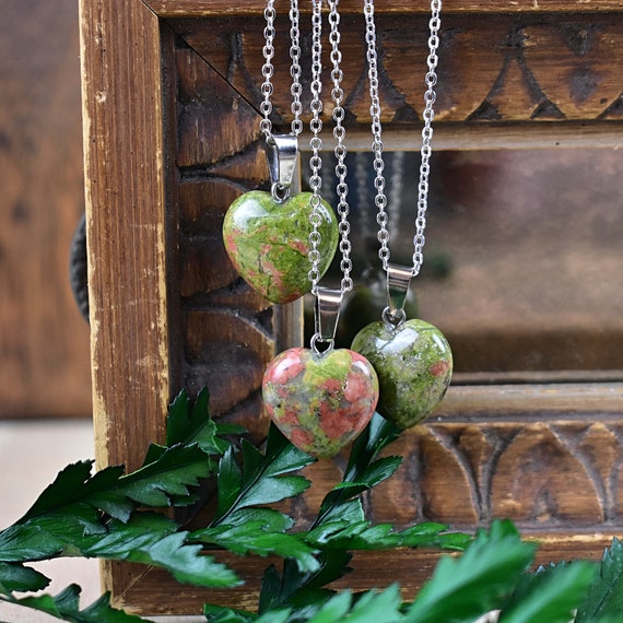 Small 16mm Unakite Heart Necklace, Silver Gemstone Necklace, Layering Statement Necklace (EPJ-NW20ABD11)