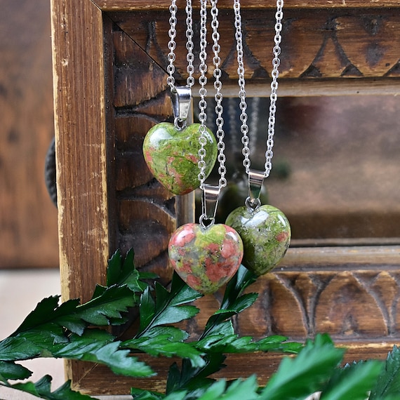 Small 16mm Unakite Heart Necklace, Silver Gemstone Necklace, Layering Statement Necklace (EPJ-NW20ABD11)