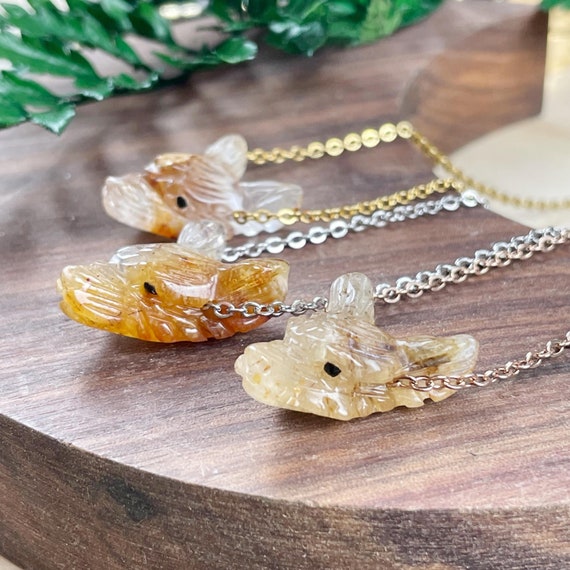 Mini Rutilated Quartz Carved Wolf Necklace, Gold Gemstone Layering Necklace, Statement Pendant Necklace (EPJ-WAAA19)