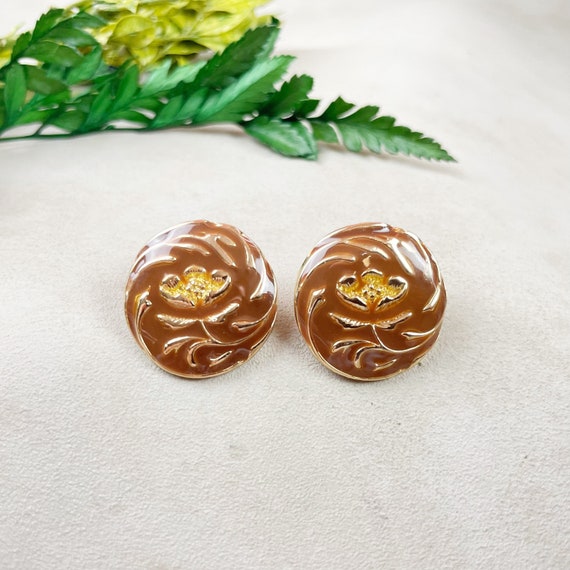 Brown Enamel Floral Gold Stud Earrings, Gold Large Flower Rose Studs, Enamel Statement Earrings (EPJ-EF20AAA11)