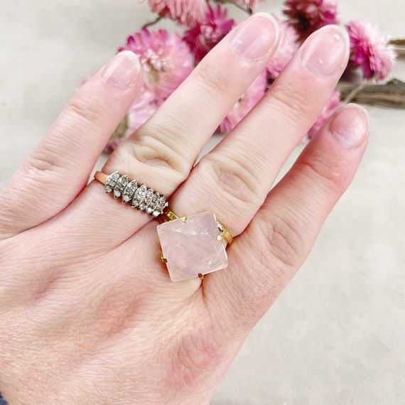 Gold Faceted Rose Quartz Square Gemstone Adjustable Ring (EPJ-RTD19-1)