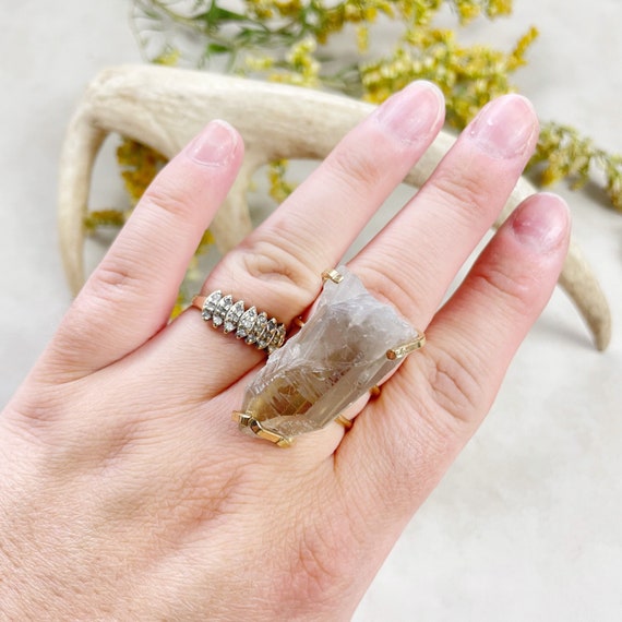 Gold Lemurian Smoky Quartz Statement Wire Ring (EPJ-RSD12-2)