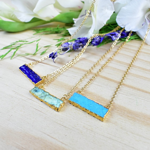 Horizontal Gemstone Bar Necklace, Gold Bar Necklace, Layering Statement Necklace, Delicate Pendant Necklace (EPJ-N19GAA13)