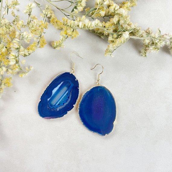 Gold Blue Agate Slice Dangle Earrings (EPJ-EL20AAA10-27)