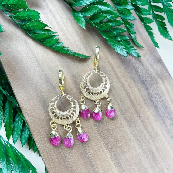 Gold Ruby Filigree Chandelier Huggie Earrings (EPJ-EEAA21)