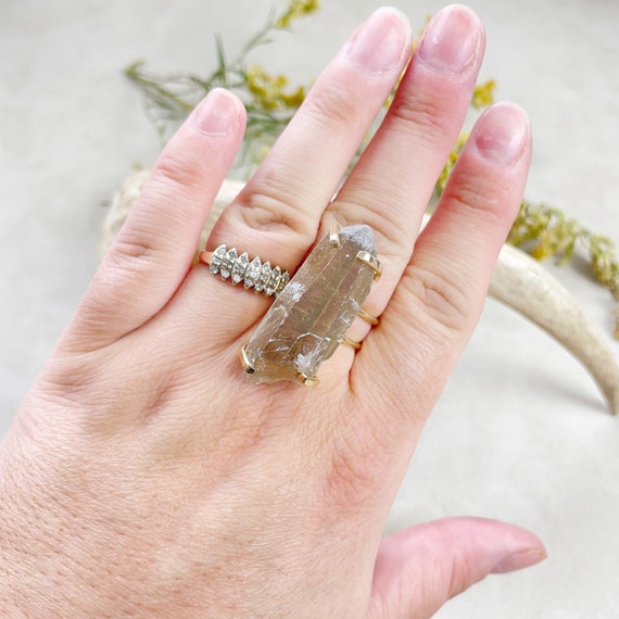 Gold Lemurian Smoky Quartz Statement Wire Ring (EPJ-RSD12-8)