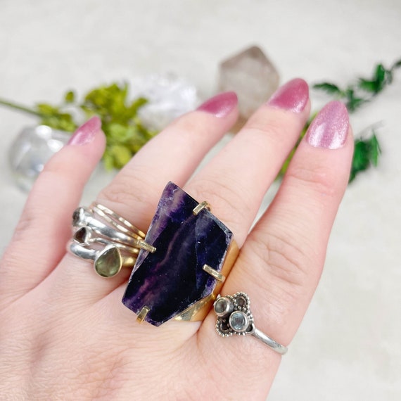 Gold Rainbow Fluorite Slice Statement Cuff Ring (EPJ-RCC10-15)