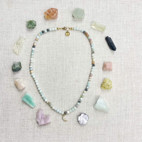 Amazonite Crescent Moon Charm Beaded Necklace (EPJ-NSBA47)