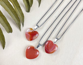 Small 20mm Carnelian Heart Necklace, Silver Gemstone Necklace, Layering Statement Necklace (EPJ-N24A10)