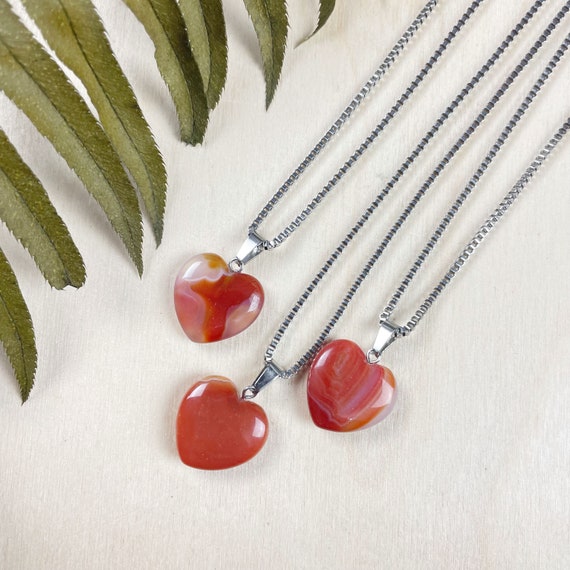 Small 20mm Carnelian Heart Necklace, Silver Gemstone Necklace, Layering Statement Necklace (EPJ-N24A10)