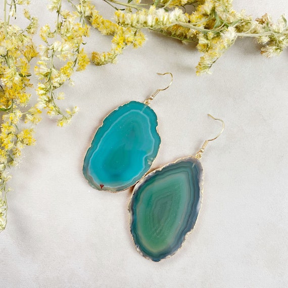 Gold Green Agate Slice Dangle Earrings (EPJ-EL20AAA10-3)