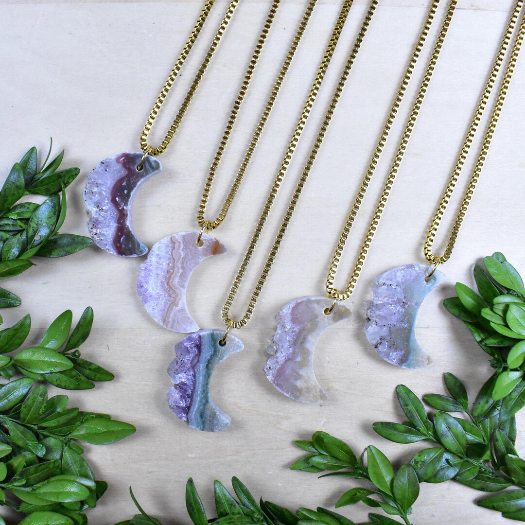 Gold Crescent Moon Amethyst Slice Necklace: Layering Pendant - Etsy