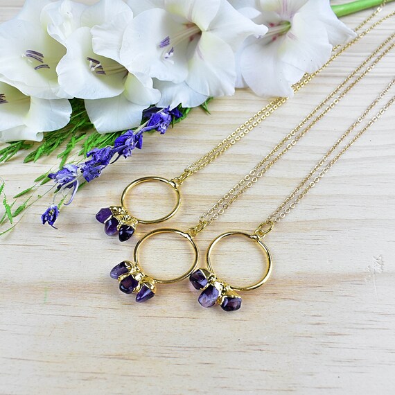 Triple Amethyst Nugget Circle Necklace, Gold Gemstone Necklace, Delicate Layering Necklace (EPJ-ND19FAA10)