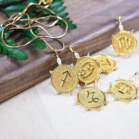 Celestial Zodiac Crystal Charm Necklace, Gold Filled Zodiac Astrology Charm Pendant, Statement Layering Necklace (EPJ-NMA10GAA10)