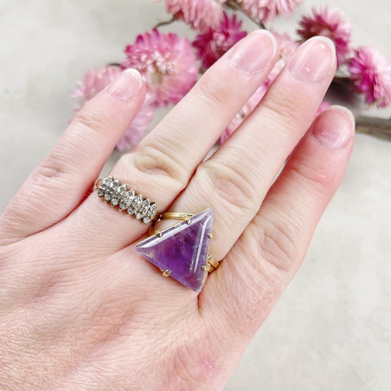 Gold Amethyst Triangle Gemstone Adjustable Ring (EPJ-RTD23-2)