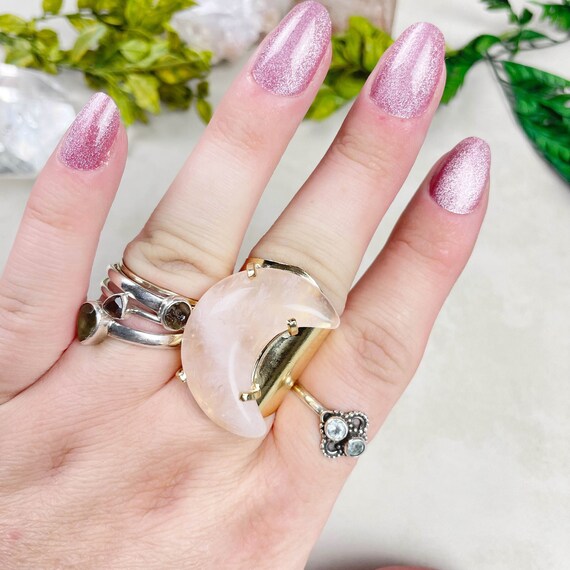 Rose Quartz Crescent Moon Statement Cuff Ring (EPJ-RCB13-4)