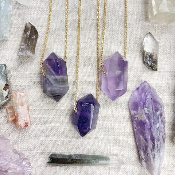 Amethyst Gemstone Double Terminated Point Necklace (EPJ-NAWA72-AM)
