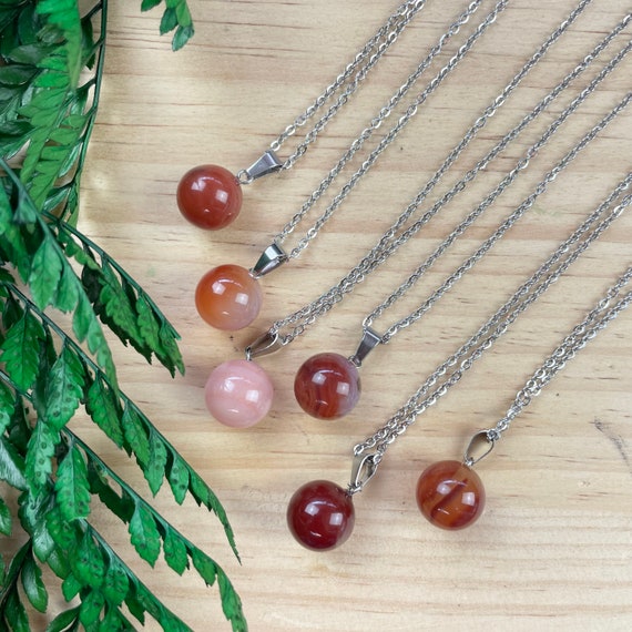 Orange 14mm Carnelian Orb Necklace, Silver Gemstone Necklace, Layering Statement Necklace (EPJ-NW20AAB23)