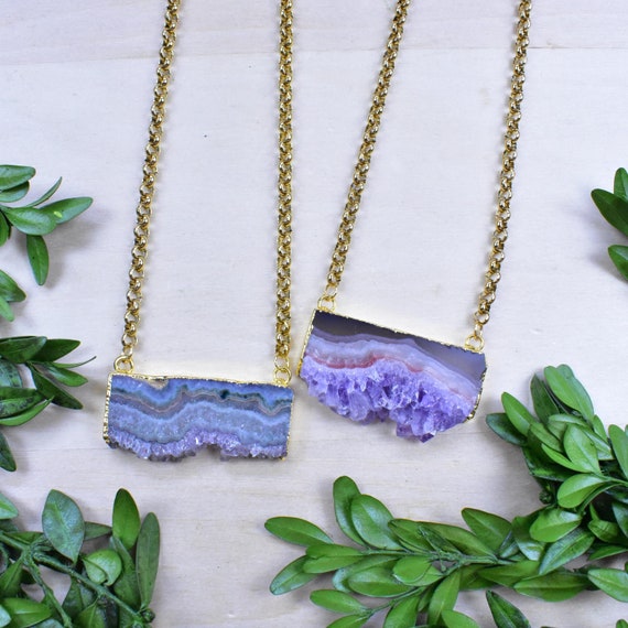 Gold Rectangle Amethyst Slice Necklace, Gold Layering Pendant Necklace (EPJ-NBB15)