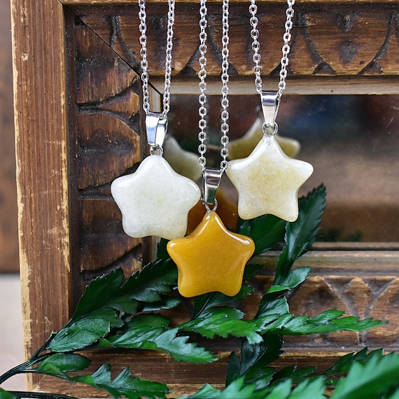 Yellow Aventurine 20mm Star Necklace, Silver Gemstone Necklace, Layering Statement Necklace (EPJ-NW20AEA18)