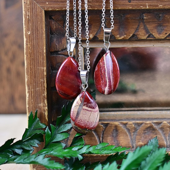 Red Jasper 16x24mm Teardrop Necklace, Silver Gemstone Necklace, Layering Statement Necklace (EPJ-NW20AAA29)