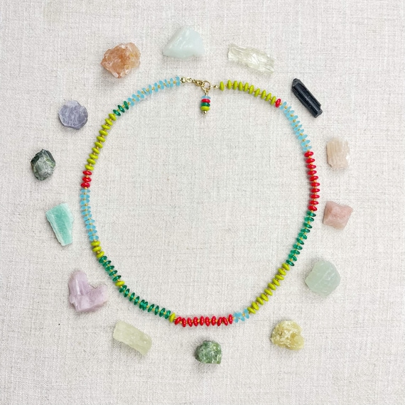 Vintage Glass Beaded Hand-knotted Color-Block Necklace (EPJ-NSBA32)