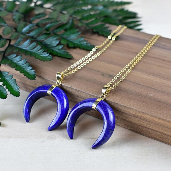 Lapis Lazuli Moon Necklace, Crescent Moon Necklace, Gold Gemstone Necklace, Layering Statement Necklace (EPJ-NL20CAA14)