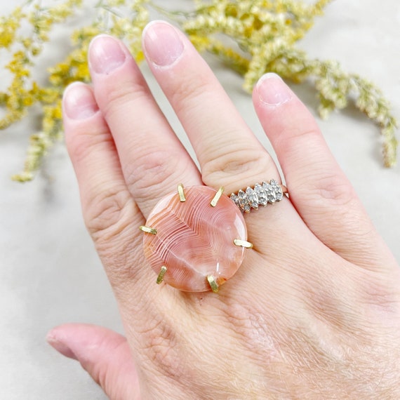 Raw Brass Pink Agate Gemstone Crystal Ring (EPJ-RB10-19)