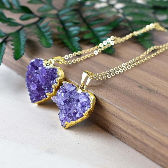 Amethyst Druzy Heart Necklace, Gold Statement Necklace, Layering Pendant Necklace (EPJ-N19SFA10)