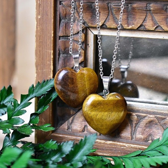 Large Tiger Eye Heart Necklace, Silver Gemstone Necklace, Layering Statement Necklace (EPJ-NW20ABC20)