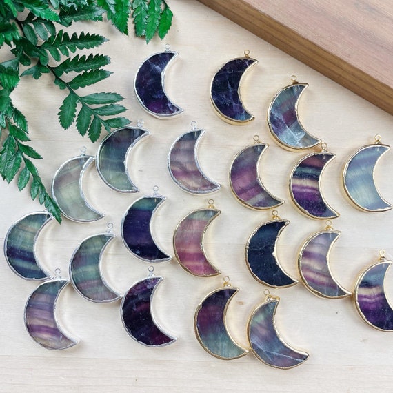 Fluorite Crescent Moon Necklace, Gold Silver Gemstone Stone Charm Necklace, Layering Simple Necklace (EPJ-NAWA27)