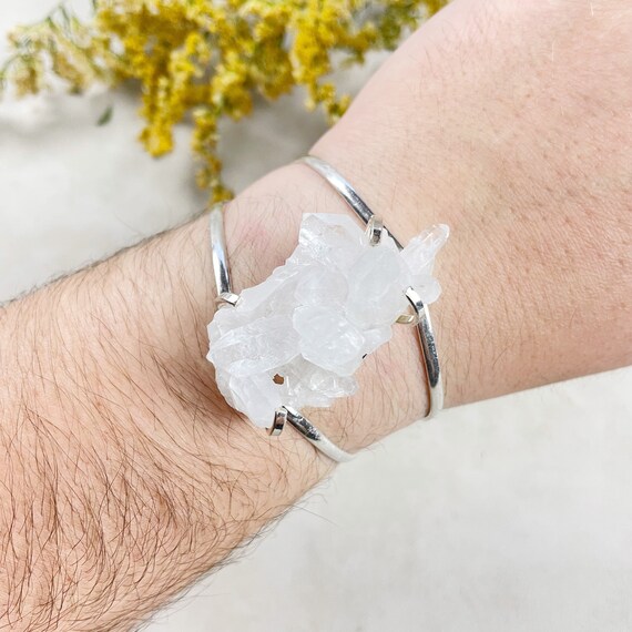 Silver Crystal Quartz Cluster Arc Cuff Bracelet (EPJ-BCCA10-S-6)