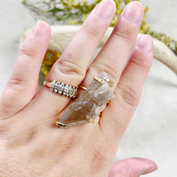 Gold Lemurian Smoky Quartz Statement Wire Ring (EPJ-RSD12-11)