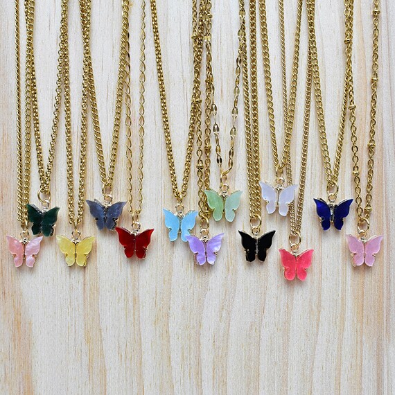 BUTTERFLY CHARM/// Gold Plated Colorful Butterfly Charm Stainless Steel Chain Simple Layering Pendant Necklace (EPJ-N19CBB13)