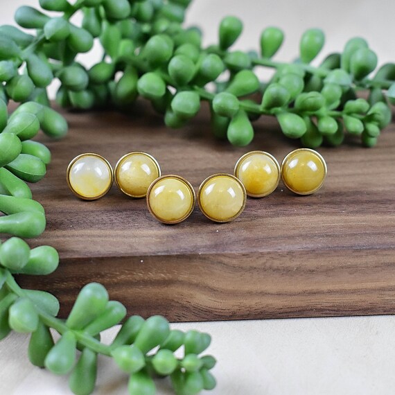 Yellow Aventurine Stud 12mm Earrings, Gemstone Cabochon Earrings (EPJ-ES19CSA15)