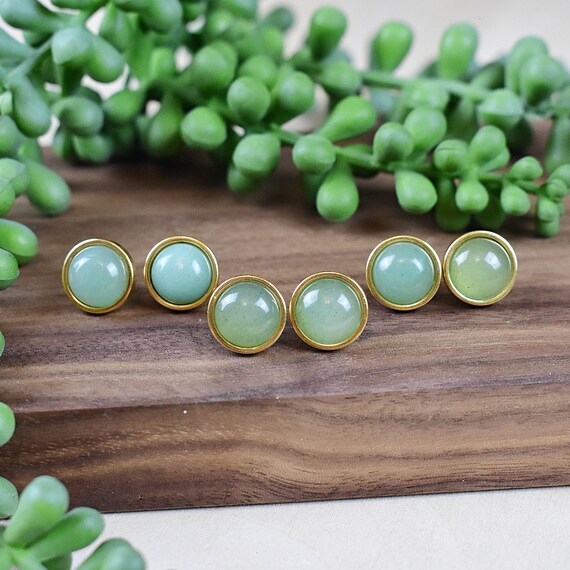 Green Aventurine 12mm Stud Earrings, Gemstone Cabochon Earrings (EPJ-ES19CSA17)