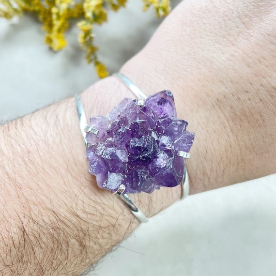 Silver Amethyst Flower Druzy Arc Cuff Bracelet (EPJ-BCCA14-5)