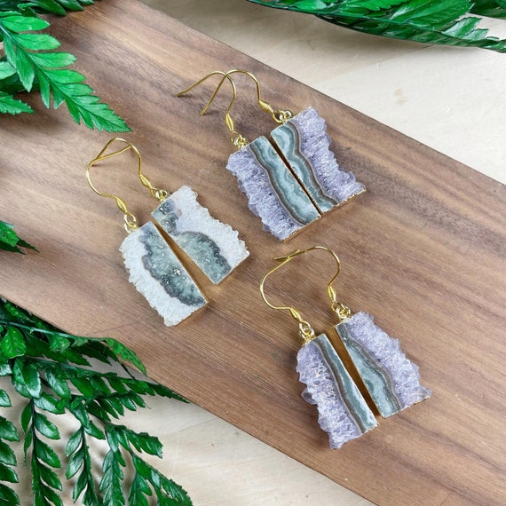 Rectangle Amethyst Slice Gemstone Drop Earrings, Gold Gemstone Chandelier Earrings, Amethyst Stalactite Stone (EPJ-E21A12)